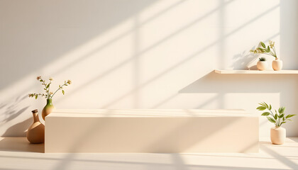 Brand product showcase template, blank neutral light beige podium stage with aesthetic lifestyle floral sun light shadows, white textured concrete wall and shelf background, Diffused lighting. with 