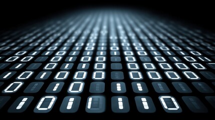 Abstract digital binary code in glowing blue numbers streaming in a grid pattern representing data transfer technology computer programming digital encryption visual