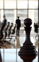 A chess pawn in focus symbolizes strategy and leadership in a modern corporate environment, showcasing the concept of decision-making.