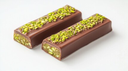 A stack of chocolate bars with a pistachio filling, placed on a marble surface, showcasing an appealing combination of flavors.