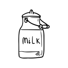 Vector drawing of a tin milk bottle in doodle style. Milk canister, an organic natural product. An emblem for a farm store, a grocery store.