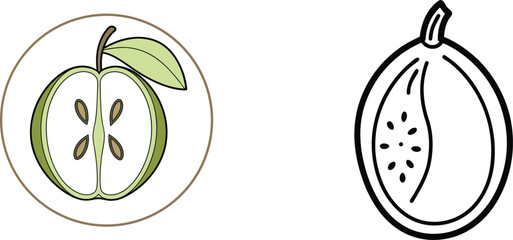 Apple Fruit Cut In Half With Seeds And Leaf Colored Illustration