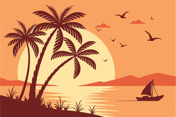 Fototapeta premium 34 Tropical sunset, beach silhouette, palm trees, orange sky, calm ocean, small boat, flying birds, vibrant colors, minimalist style, vector art, peaceful atmosphere, warm tones, serene landscape, ref