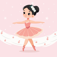 Pretty and gentle ballerina girl in pink dress dancing with stars on white background. Poster, Banner, Flyer, Greeting Card. Vector illustration in flat cartoon style