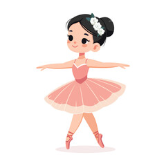 Pretty and gentle ballerina girl in pink dress dancing with stars on white background. Poster, Banner, Flyer, Greeting Card. Vector illustration in flat cartoon style