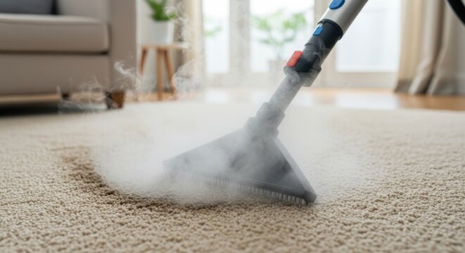 Steam cleaning carpet in modern living room for effective home maintenance