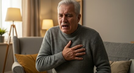 Elderly man experiencing chest pain in living room setting