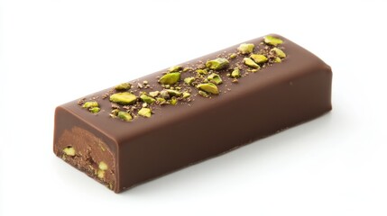 A stack of chocolate bars with a pistachio filling, placed on a marble surface, showcasing an appealing combination of flavors.