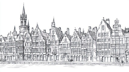 European city sketch, urban buildings, lined, historical architecture, drawing, black and white, cityscape view, stock photo