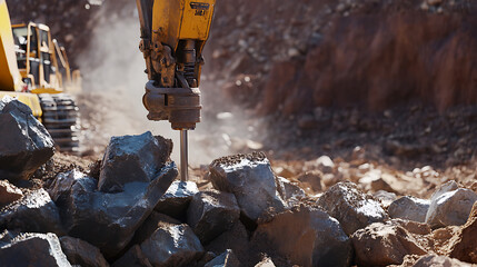 Iron ore miner working with a pneumatic drill to break large rocks. Featuring drilling and rock fragmentation