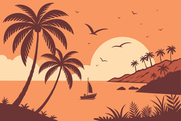 34 Tropical sunset, beach silhouette, palm trees, orange sky, calm ocean, small boat, flying birds, vibrant colors, minimalist style, vector art, peaceful atmosphere, warm tones, serene landscape, ref