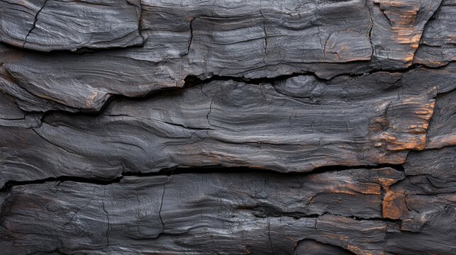Charred black wood texture with deep cracks and natural grain patterns from a burnt tree in natural daylight.