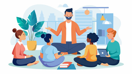 A man is teaching a group of people how to meditate. The group consists of five people, including a man and a woman. They are all sitting on the floor, with a potted plant in the background