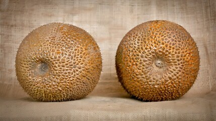 Close-up of two mature Giant Puffball mushrooms showcasing unique textured surfaces