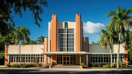 Art Deco exterior with sleek lines, bold geometric shapes, and a striking, glamorous faÃ§ade.  