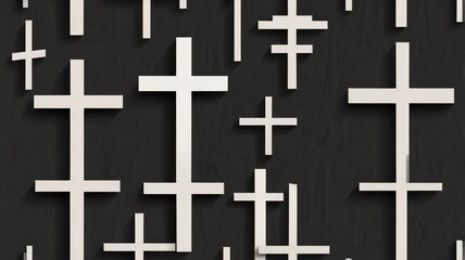 White crosses on dark wood background; religious, memorial, somber mood; website/print design