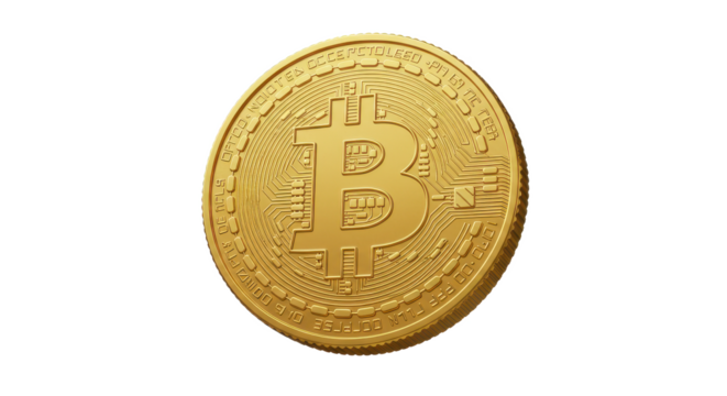 A single gold bitcoin coin isolated on a black background in a digital rendering style view