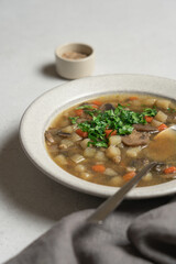 Mushroom country soup with parsley in gray bowl on gray background with copy space. Cozy seasonal vegan food