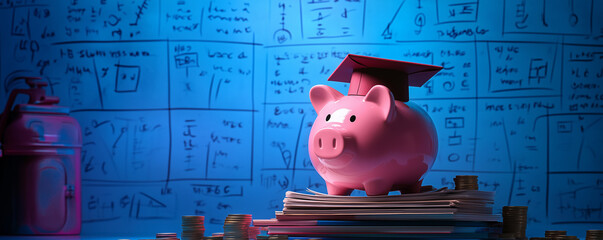 A pink piggy bank with a graduation cap on top,