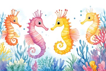 Obraz premium Four colorful seahorses swimming amidst coral reef.