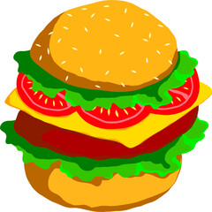 Illustration of hamburger drawing with vegetables, tomato, cheese and meat