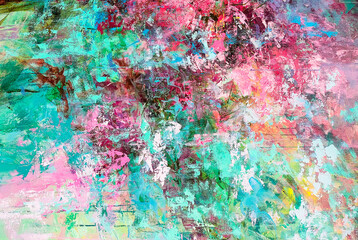 Artistic bright background. Hand-painted surface. Blue and pink background. Brushstrokes of paint with splashes. 
Bright abstract painting.
