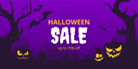 Naklejka premium Halloween sale banner with spooky pumpkins, bats, trees, and gravestones on a purple background. Bold discount text. Perfect for seasonal ads, promotions, and festive marketing.