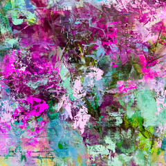 Artistic bright background. Hand-painted surface. Blue and pink background. Brushstrokes of paint with splashes. 
Bright abstract painting.