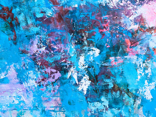 Artistic bright background. Hand-painted surface. Blue and pink background. Brushstrokes of paint with splashes. 
Bright abstract painting.