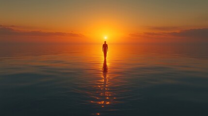 Silhouette of a person walking toward the sun, peaceful journey concept
