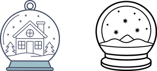 Two Snow Globes With House And Snow Illustration In Color And Line Art