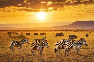 Obraz premium Herd of zebras standing in the savannah during a picturesque sunset with elephants in the distance Ultra HD photo