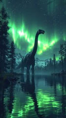 Majestic Brontosaurus Enjoys the Aurora Borealis Over Tranquil Lake Scenery