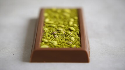 A stack of chocolate bars with a pistachio filling, placed on a marble surface, showcasing an appealing combination of flavors.