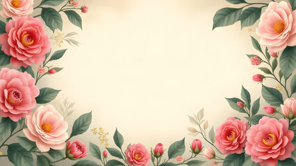 A white background with pink flowers and green leaves