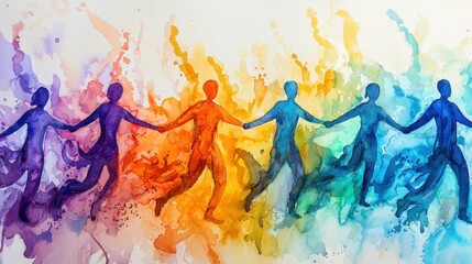 Silhouetted figures in vibrant hues of blue, orange, purple, and green are holding hands and dancing joyfully. The background features a splash of watercolor colors, symbolizing unity and celebration