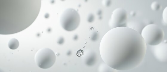 Abstract white spheres and water droplets floating in a clean, minimalist background Concept of purity, science, and modern design