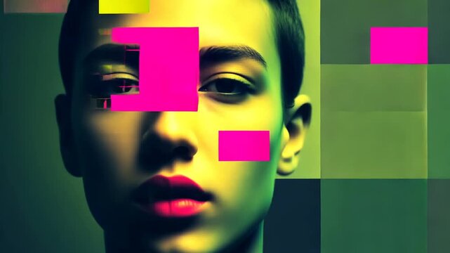 Abstract Portrait with Digital Glitch Effects and Vibrant Color Blocks Video Loop