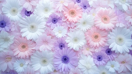 Pastel-colored daisies, densely arranged, floral background.