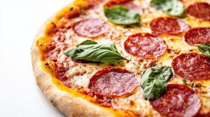 A classic pepperoni pizza topped with fresh arugula, placed on a wooden board, offering a delightful and savory meal.