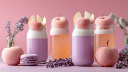 Fruit-topped panna cotta served in glass jars, decorated with lavender, fresh herbs, and soft pastels for a bridal shower dessert bar, copyspace for text - trendy jar decoration