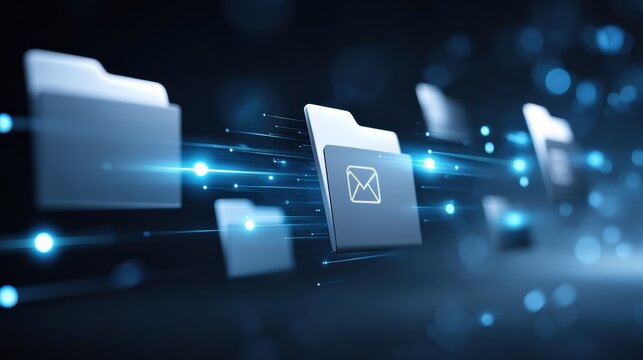 A digital representation of floating folders, symbolizing data transfer and communication in a modern, tech-oriented environment.