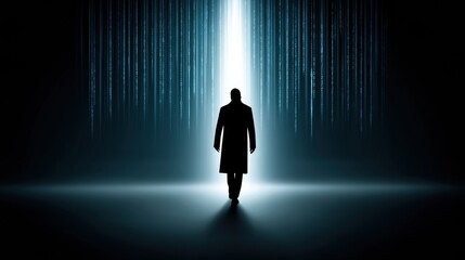 Obraz premium A silhouette of a person in a long coat walks toward a bright light, surrounded by vertical streams of binary code, evoking a sense of mystery and technology.