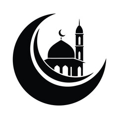 Crescent moon with mosque outline logo on white background
