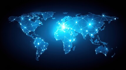 A digital world map illuminated by blue lines and nodes, representing global connectivity and technology.