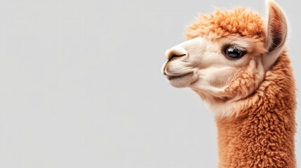Obraz premium Close-up of a fluffy alpaca with a soft expression against a neutral background