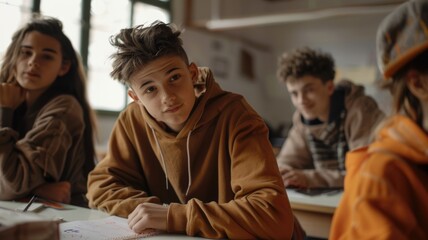 Young student working together with focused expression in collaborative classroom setting. With a book, laptop, and pencil, concentrating group study with shared task and knowledge exchange. Indite.