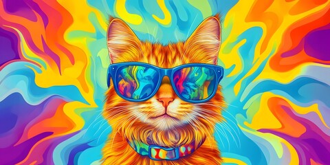 Whimsical image of a cute cat sporting colorful shades against a vibrant artistic background Ultra HD photo