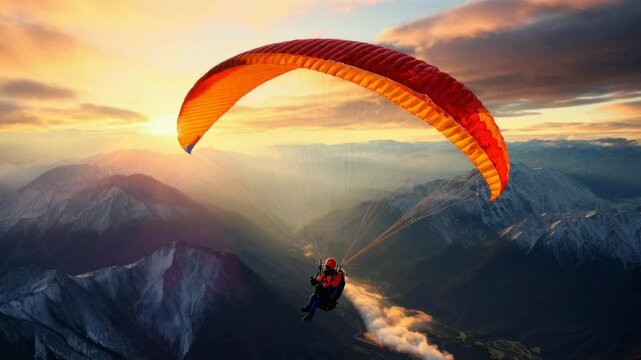 Aerial video shot of a paraglider soaring over snow-capped mountains at sunset, capturing a breathtaking adventure from a high-angle perspective.
