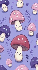 Smiling Mushroom Characters Seamless Pattern Purple Backdrop